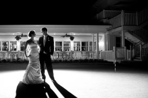 black and white silhouette of bride and groom